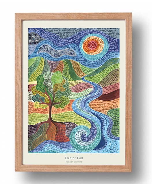 Hannah Dunnett Creator God cream background A3 Poster oak frame