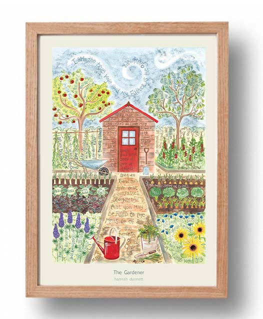 Hannah Dunnett The Gardener cream background A3 Poster oak frame