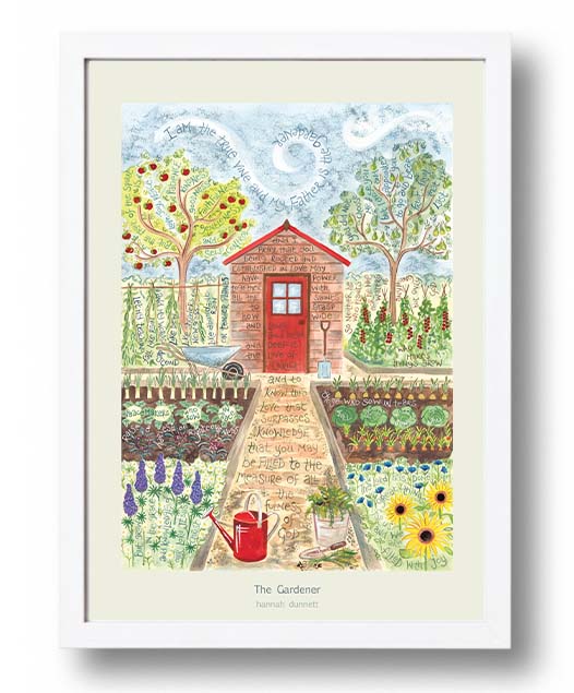 Hannah Dunnett The Gardener cream background A3 Poster white frame