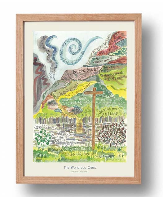Hannah Dunnett The Wondrous Cross cream background A3 Poster oak frame