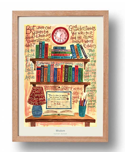 Hannah Dunnett Wisdom A3 Poster cream background oak frame