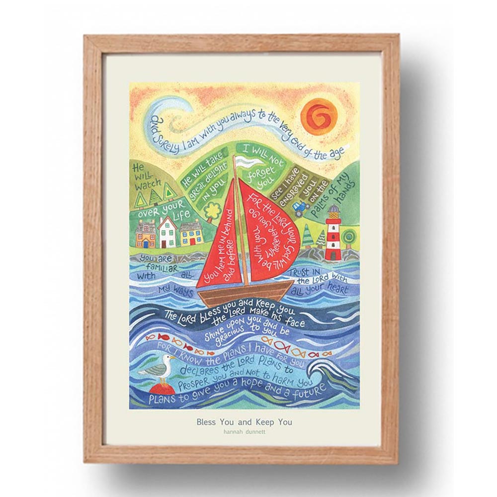 Bless You and Keep You Christian Art Print in oak frame by Hannah Dunnett