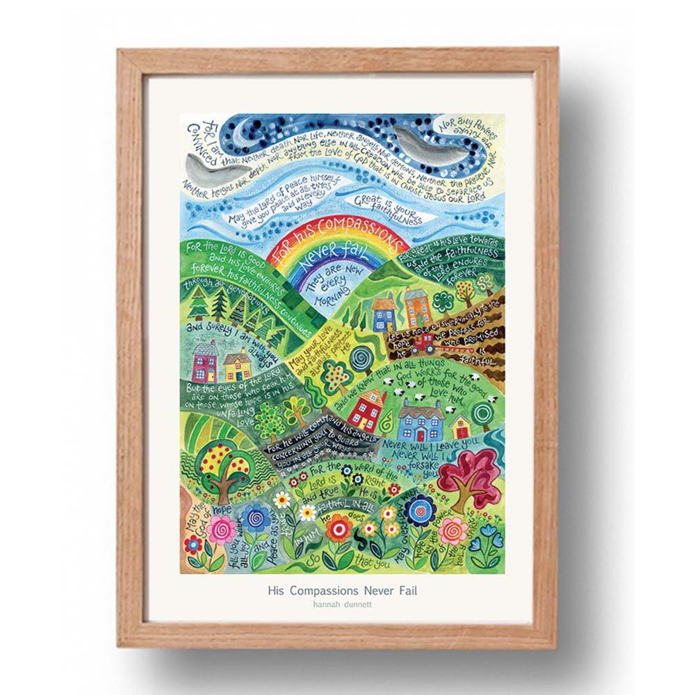 Hannah Dunnett His Compassions Never Fail Art Print in oak frame